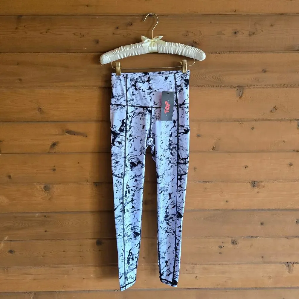The Gym People Legging High Waist Yoga Pant Tummy Control Marble White NWT XS - Picture 2 of 5